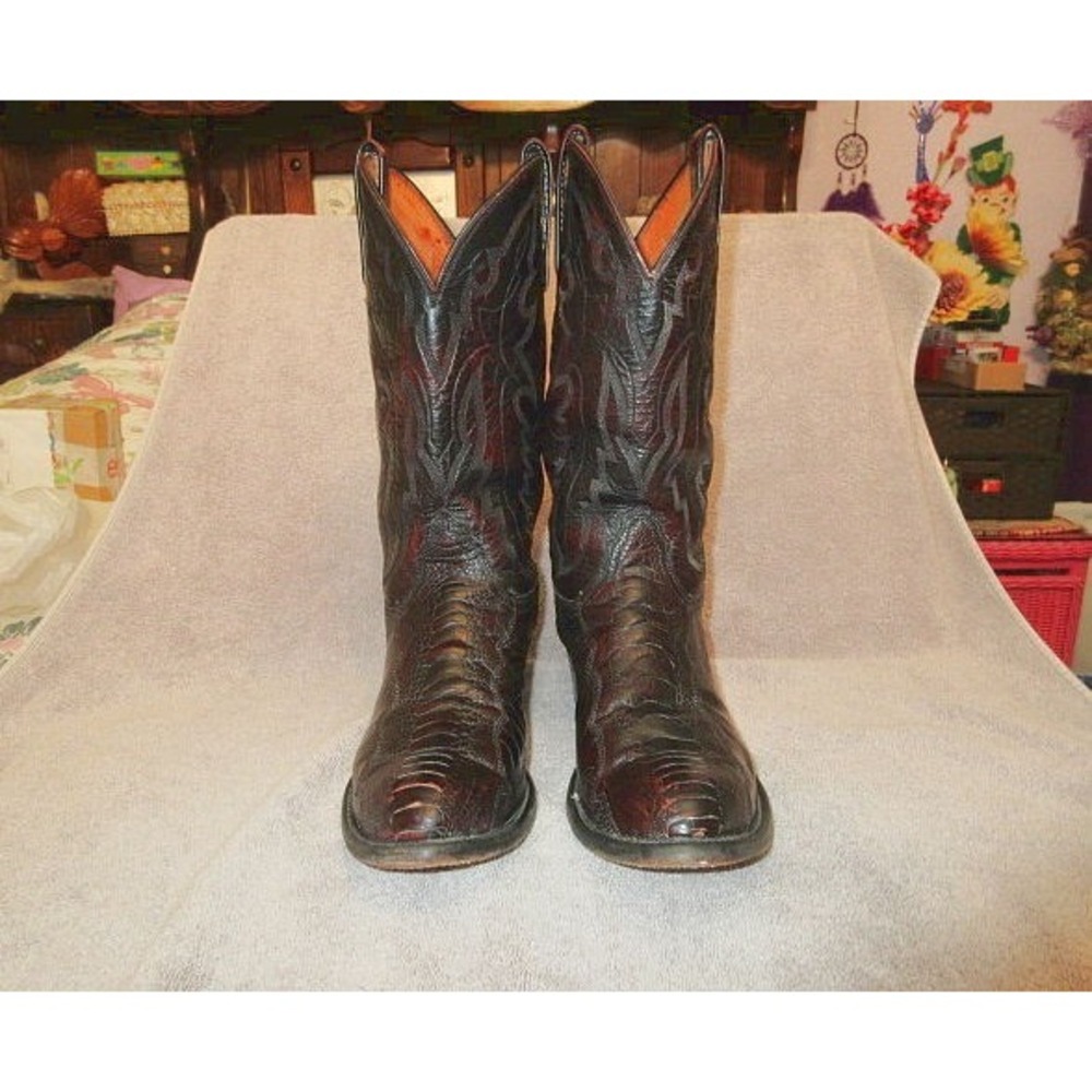 Lucchese Exotic Cowboy Boots Mens 11 D Black Cherry Ostrich Leg Leather Western - Picture 2 of 11